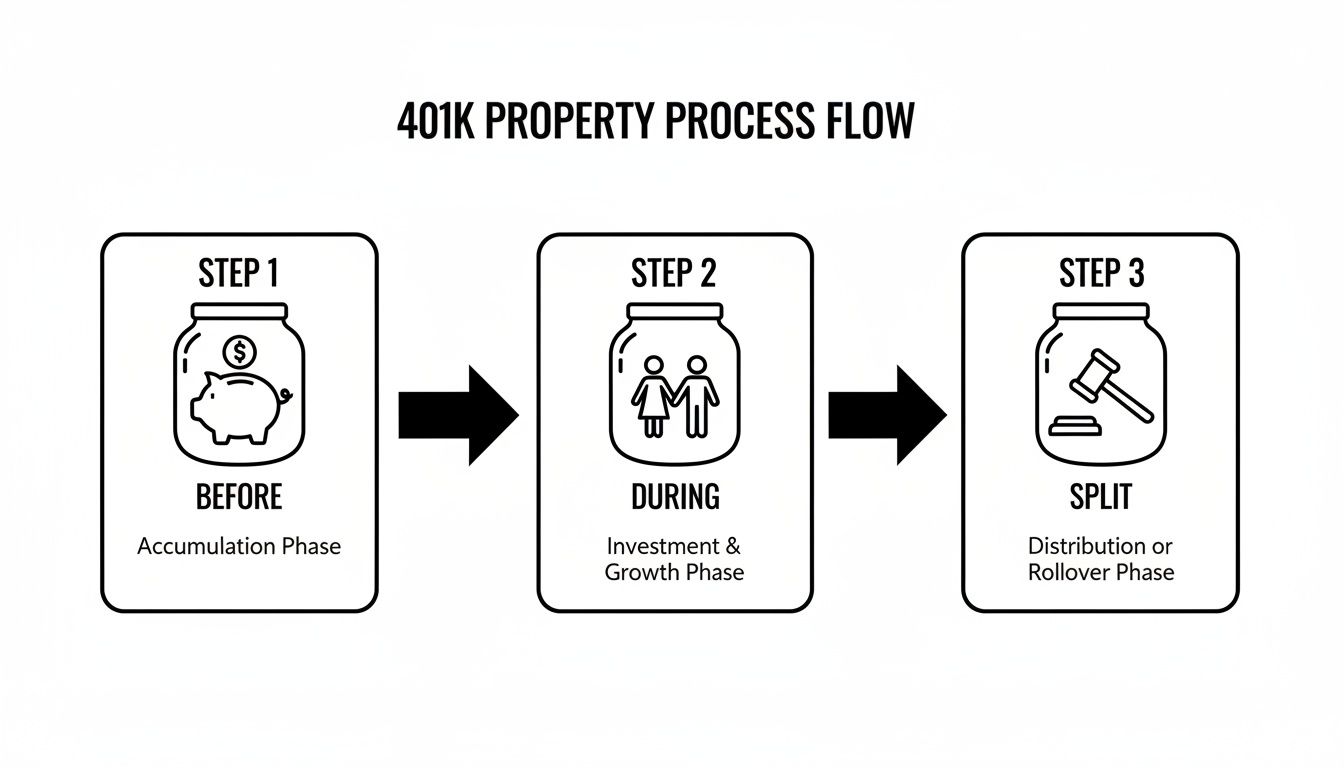 Flowchart illustrating the 401K property process through accumulation, investment, and split phases.
