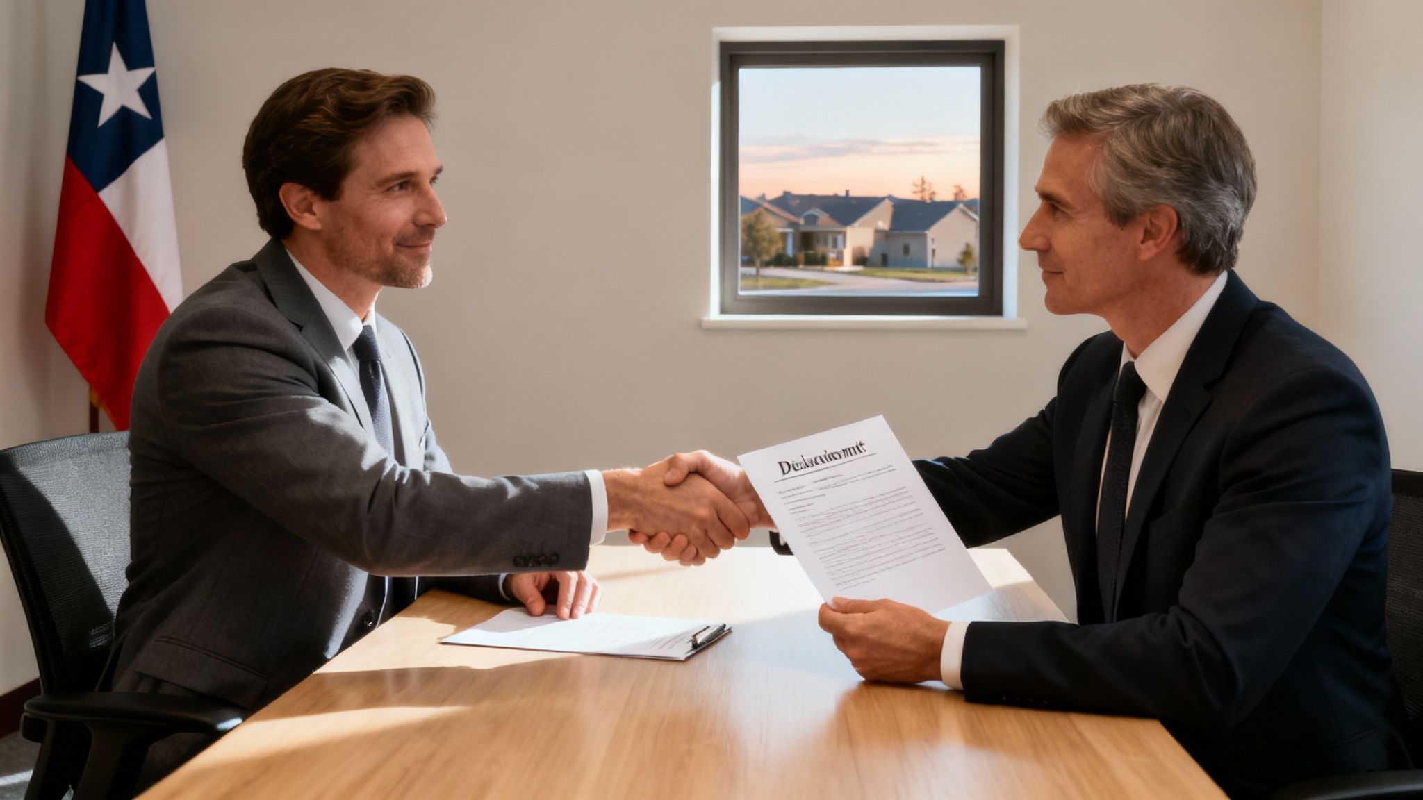 Two businessmen in suits shake hands across a table with documents, finalizing an agreement.