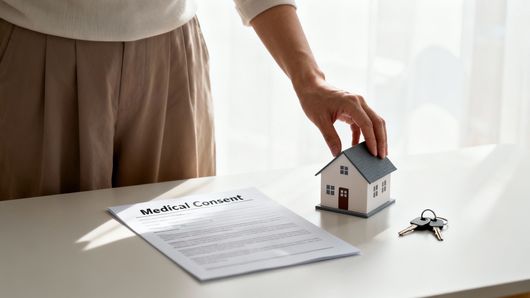A person's hand reaches for a model house on a table next to a medical consent form and keys.