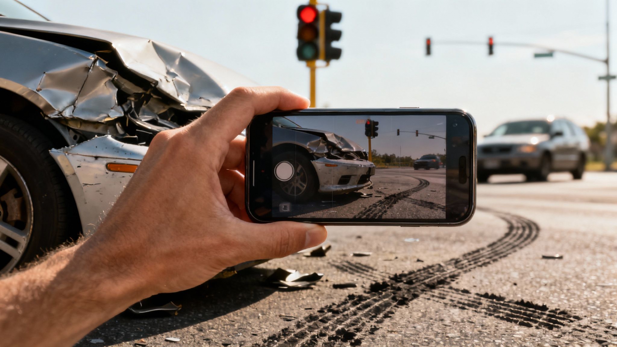 A driver uses their smartphone to photograph car damage and the accident scene