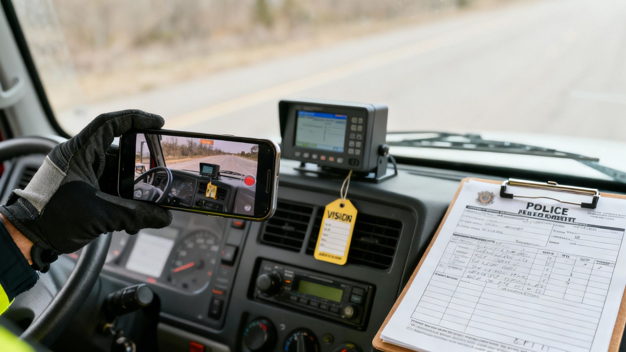 A person examining evidence after a truck accident