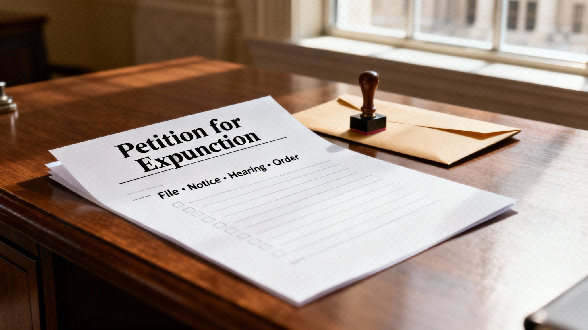 Petition for Expunction document on a wooden desk with a stamp and envelope, representing the legal process for expunging criminal records in Texas.