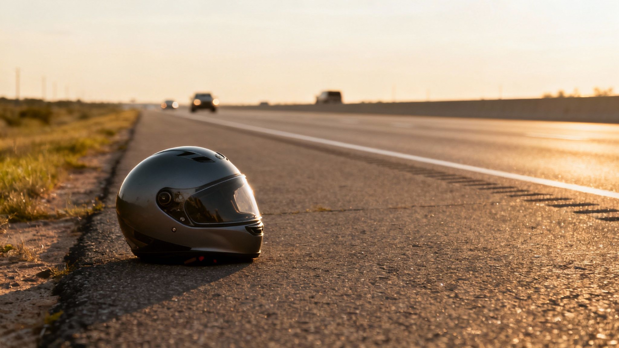A person riding a motorcycle down a Texas highway at sunset.