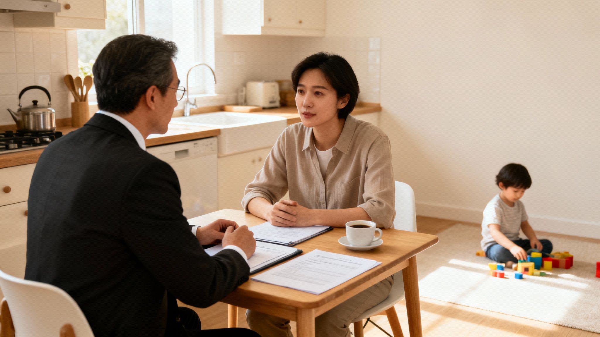 A man in a suit consults a woman at a kitchen table while a child plays with blocks.