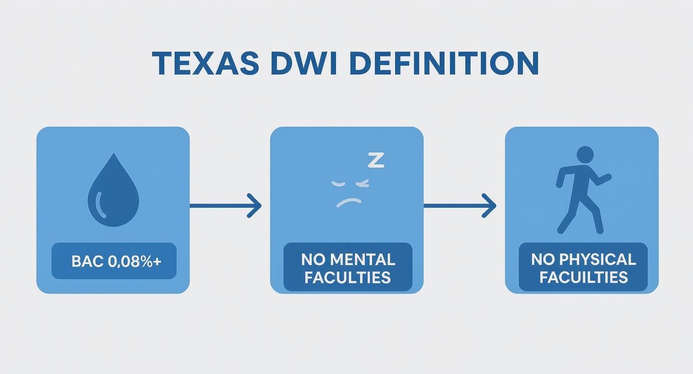 Texas DWI definition infographic illustrating BAC of 0.08%+, impaired mental faculties, and impaired physical faculties.