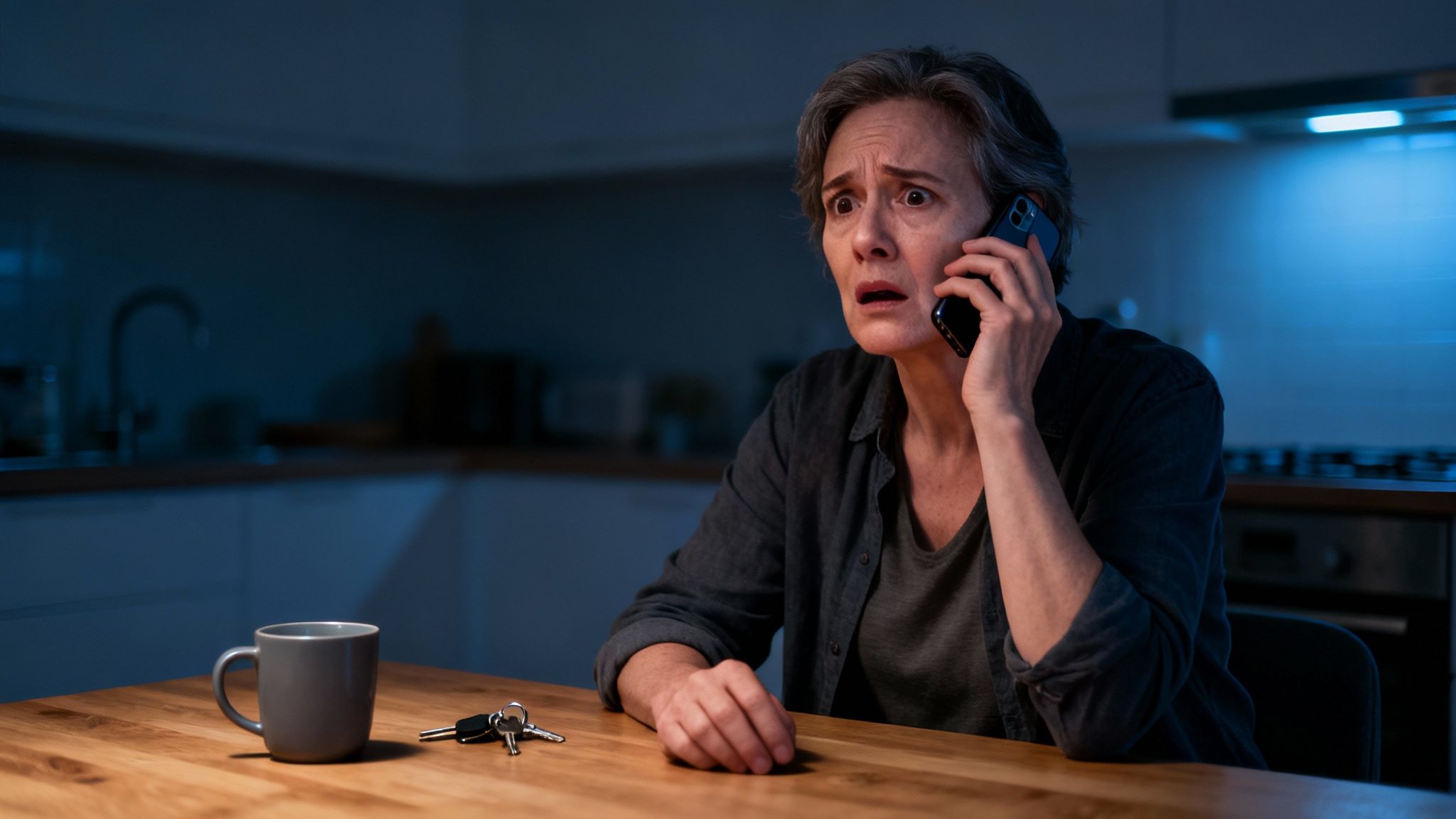 A distressed woman on a phone call in a dimly lit kitchen, with a mug and keys nearby.