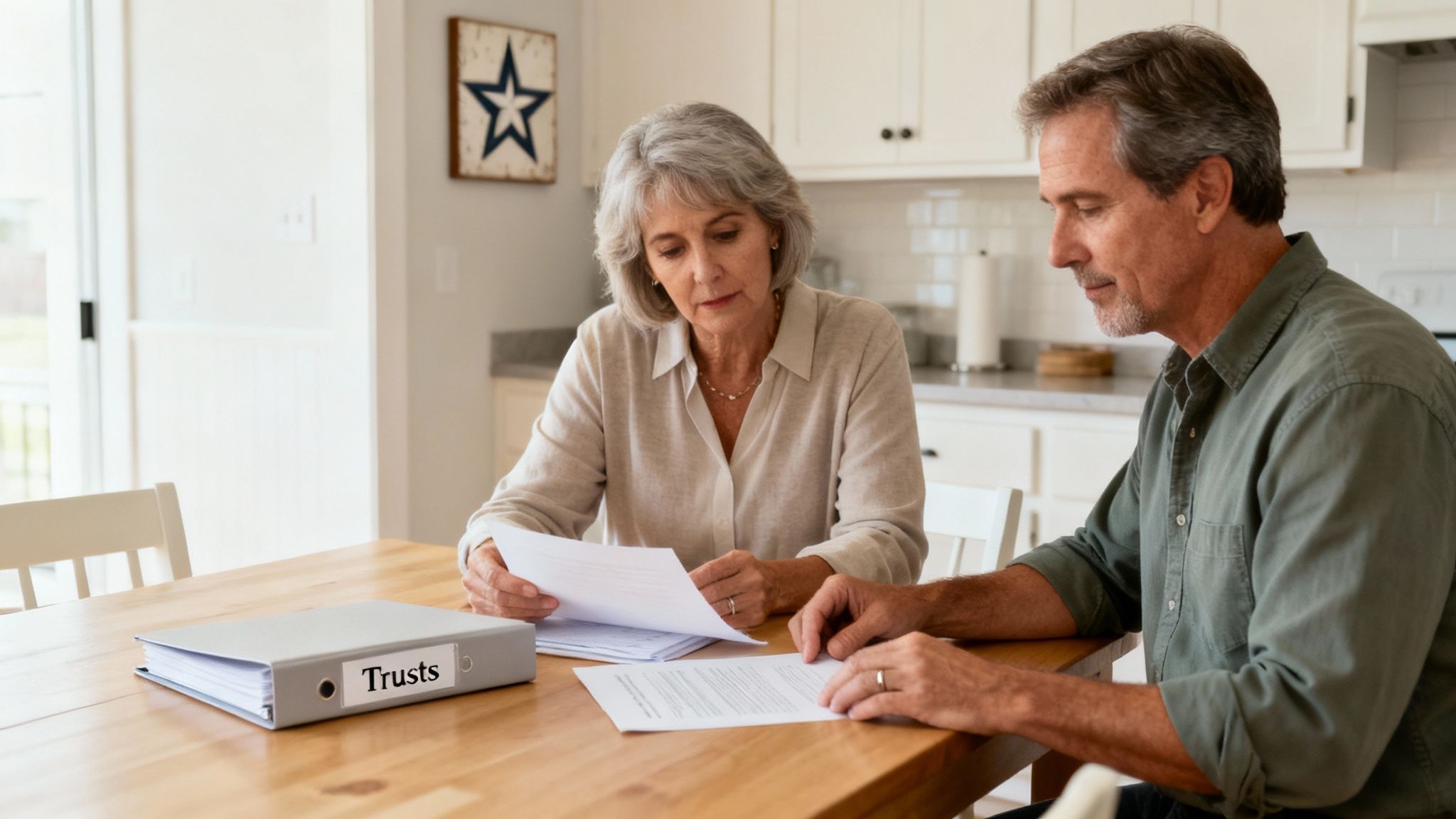 Couple reviewing estate planning documents with a binder labeled "Trusts" on the table, emphasizing the importance of understanding revocable and irrevocable trusts in Texas.