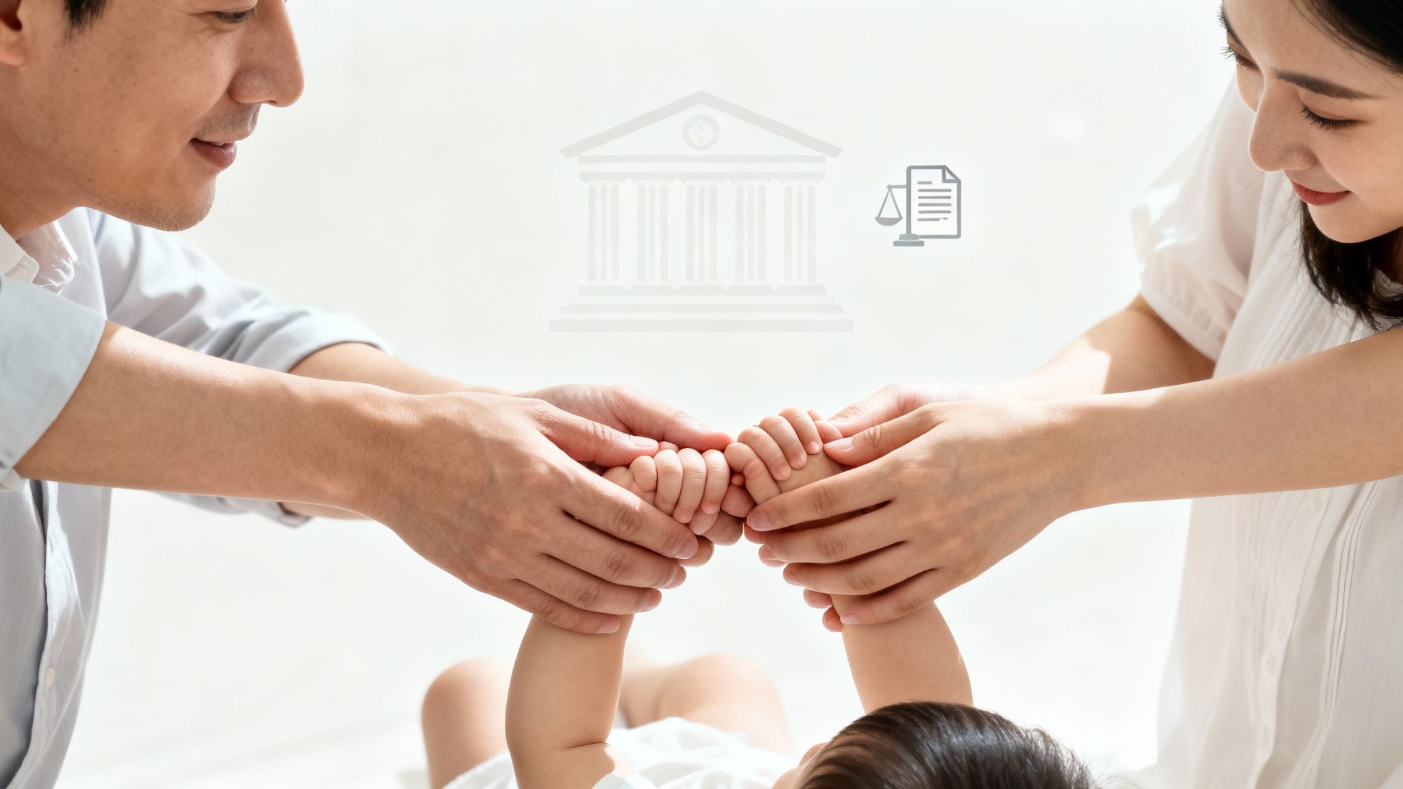 Parents holding baby's hands, with legal and courthouse icons, symbolizing child custody laws.