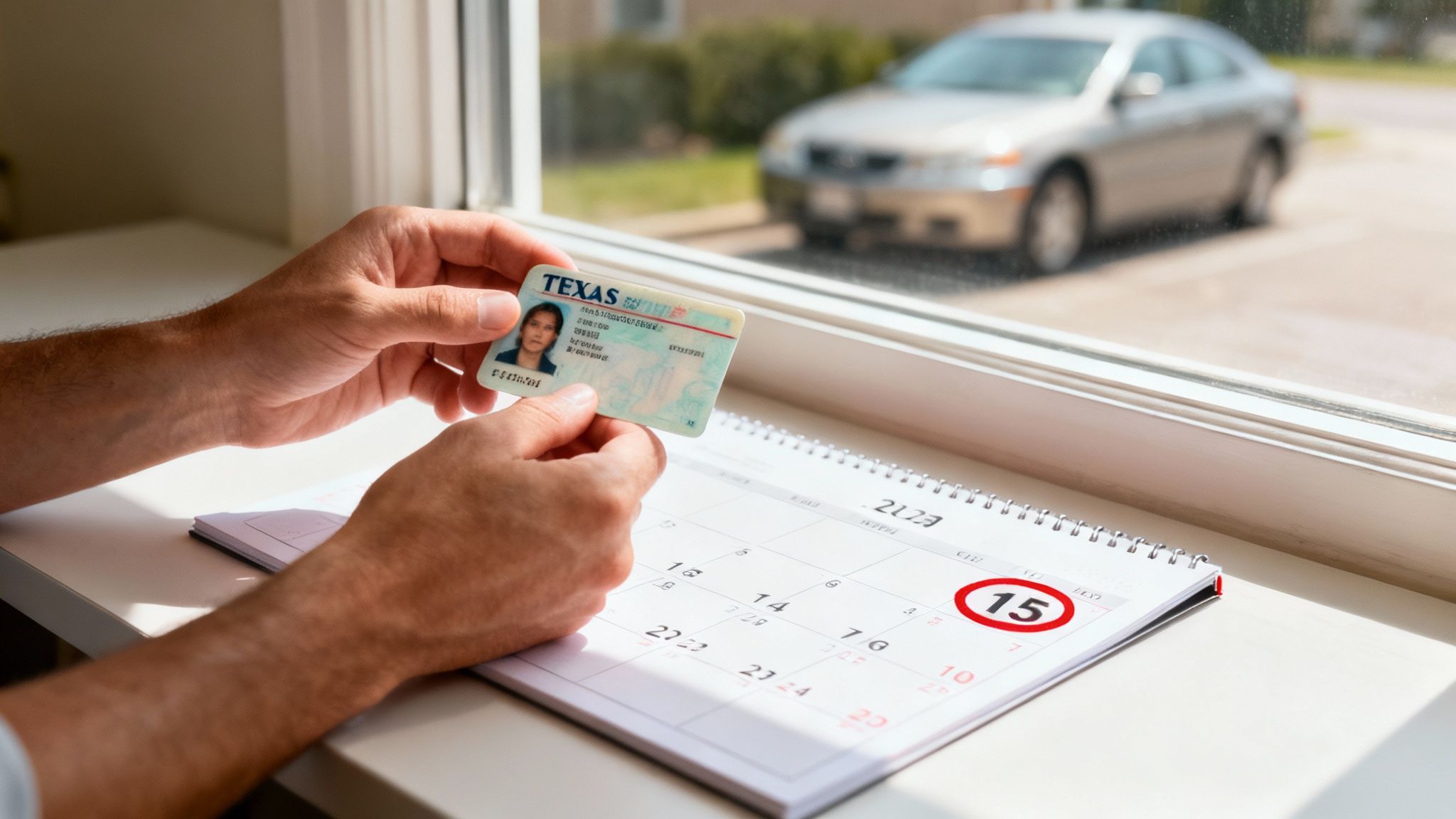 Person holding a Texas driver's license in front of a calendar marked with the 15th, emphasizing the urgency of the ALR hearing deadline after a DWI arrest.