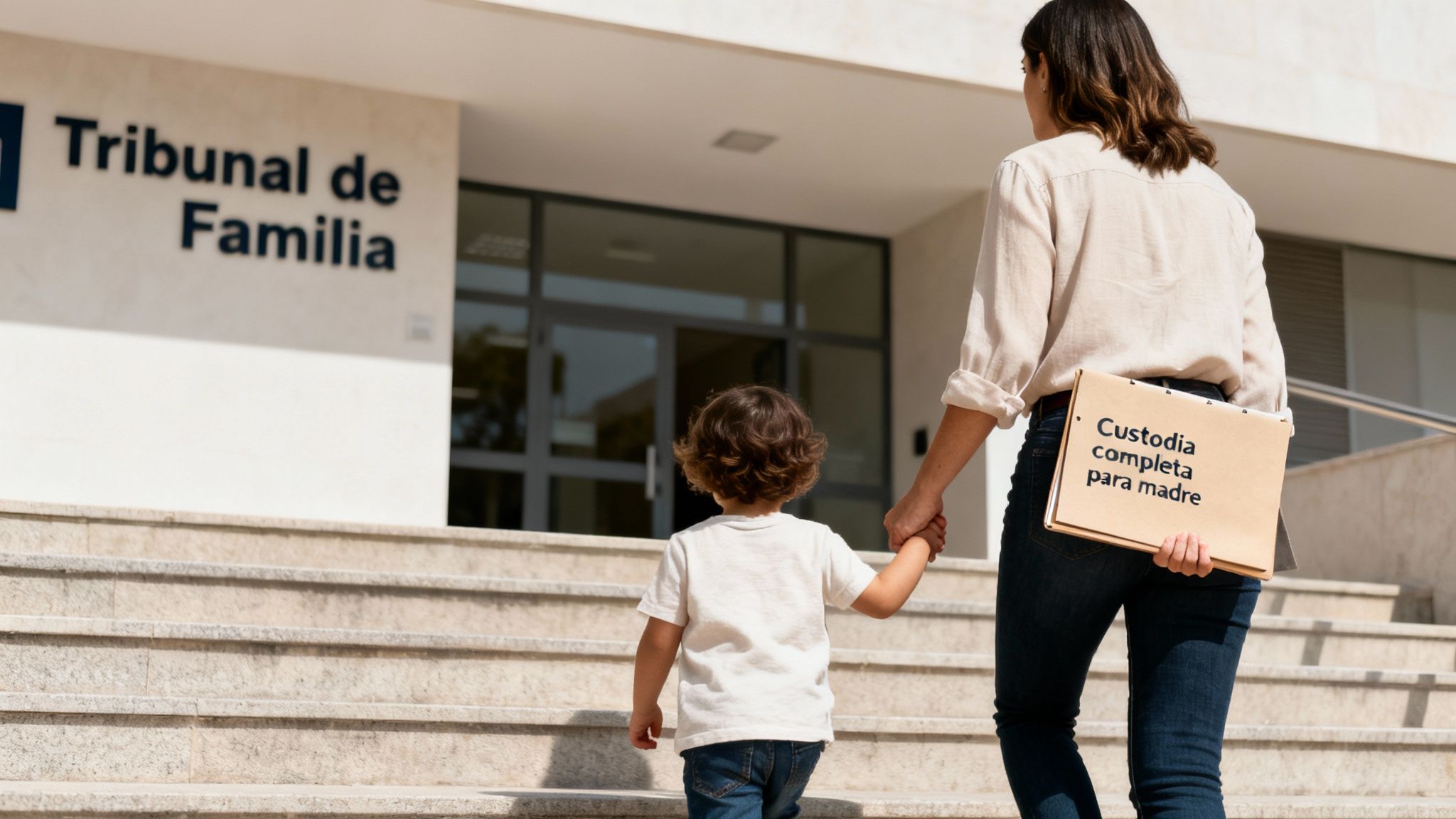 Madre e hijo suben las escaleras hacia el Tribunal de Familia, ella lleva un documento de custodia completa.