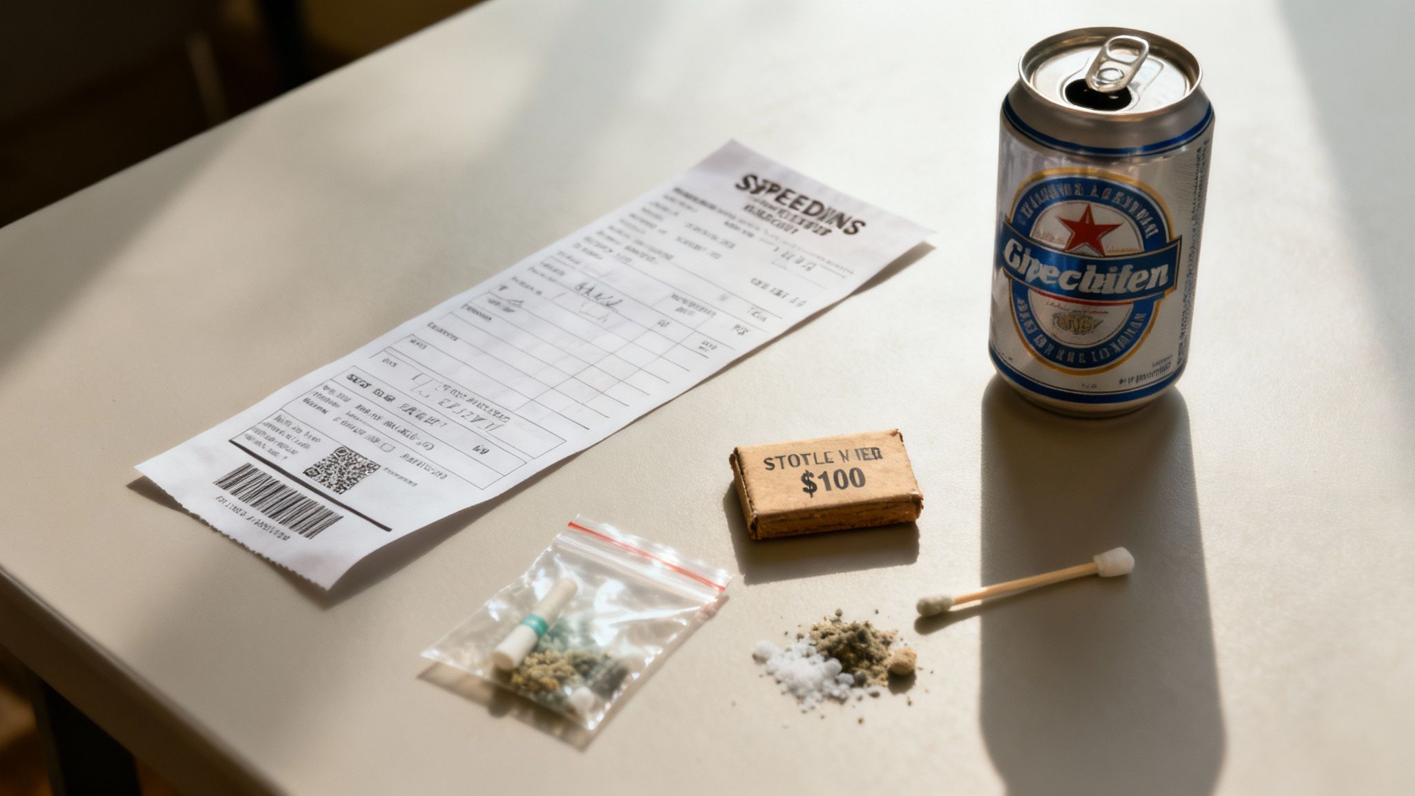Receipt from Speedy's, a beer can, a bag of suspected illegal substances, a wooden token labeled "$100," and a cotton swab on a table, illustrating potential Class C misdemeanor offenses in Texas.