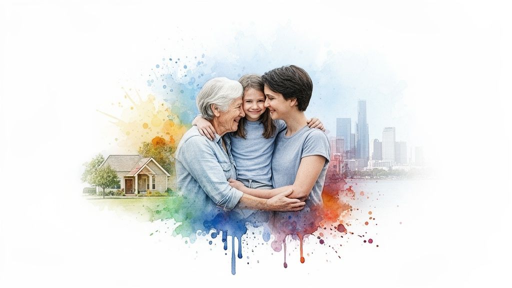 Smiling grandmother, mother, and child hugging, representing family, home, and city life in watercolor.