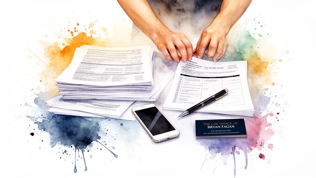 Hands organizing legal documents, with a smartphone, pen, and business cards on a colorful desk.