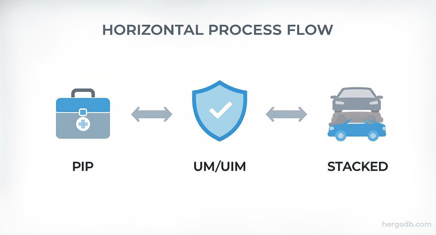 An infographic illustrating the process flow of an auto insurance policy, with icons for PIP, UM/UIM, and Stacked coverage.