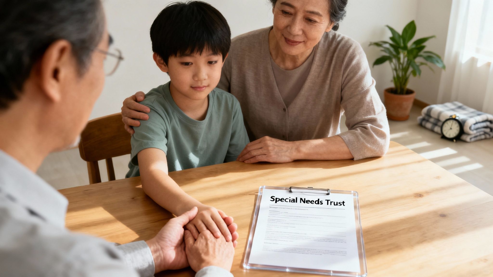 Family discussing a special needs trust, with a child and two adults holding hands over a document titled "Special Needs Trust" on a wooden table, emphasizing estate planning and protection for loved ones.