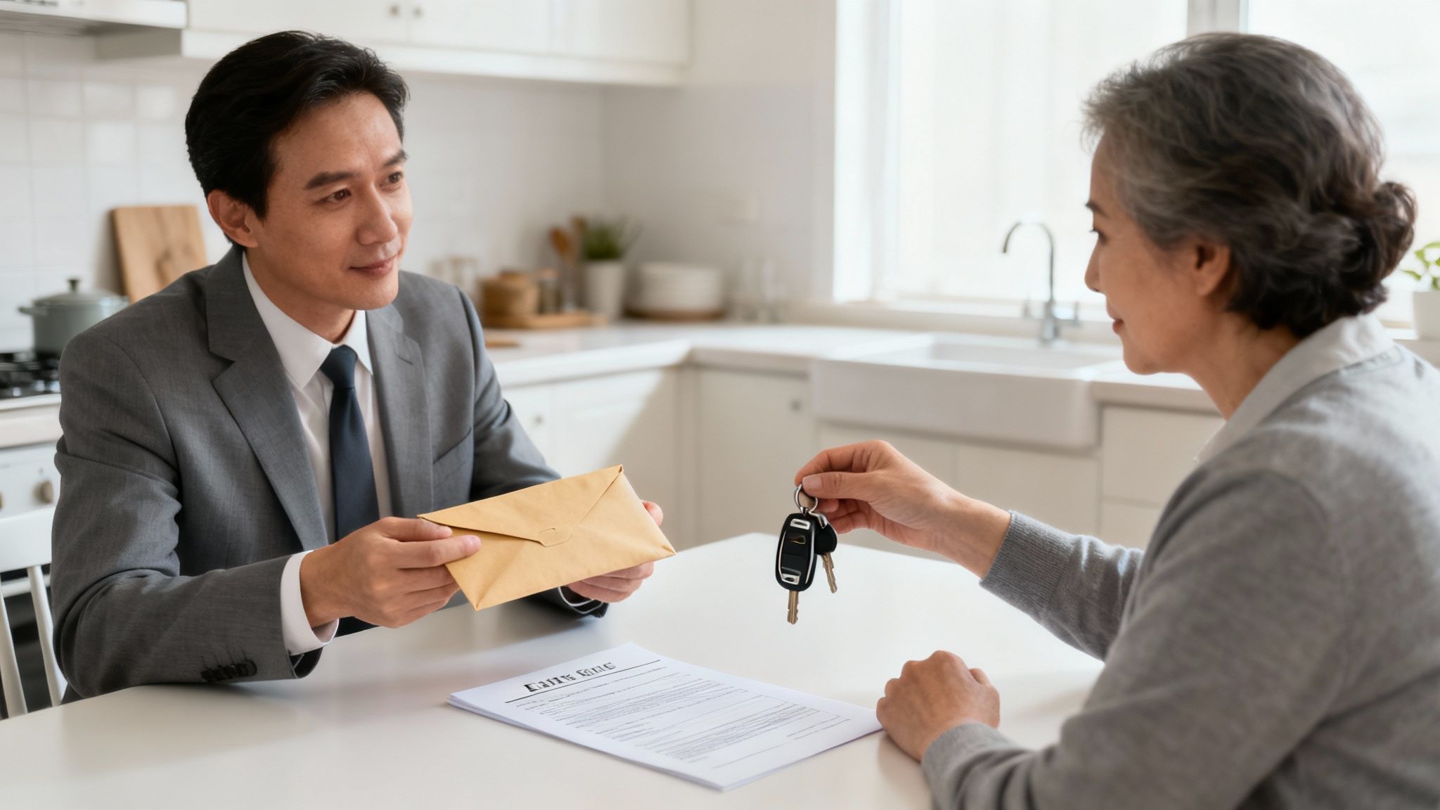 Professional executor delivering house keys and documents to beneficiary during estate settlement meeting