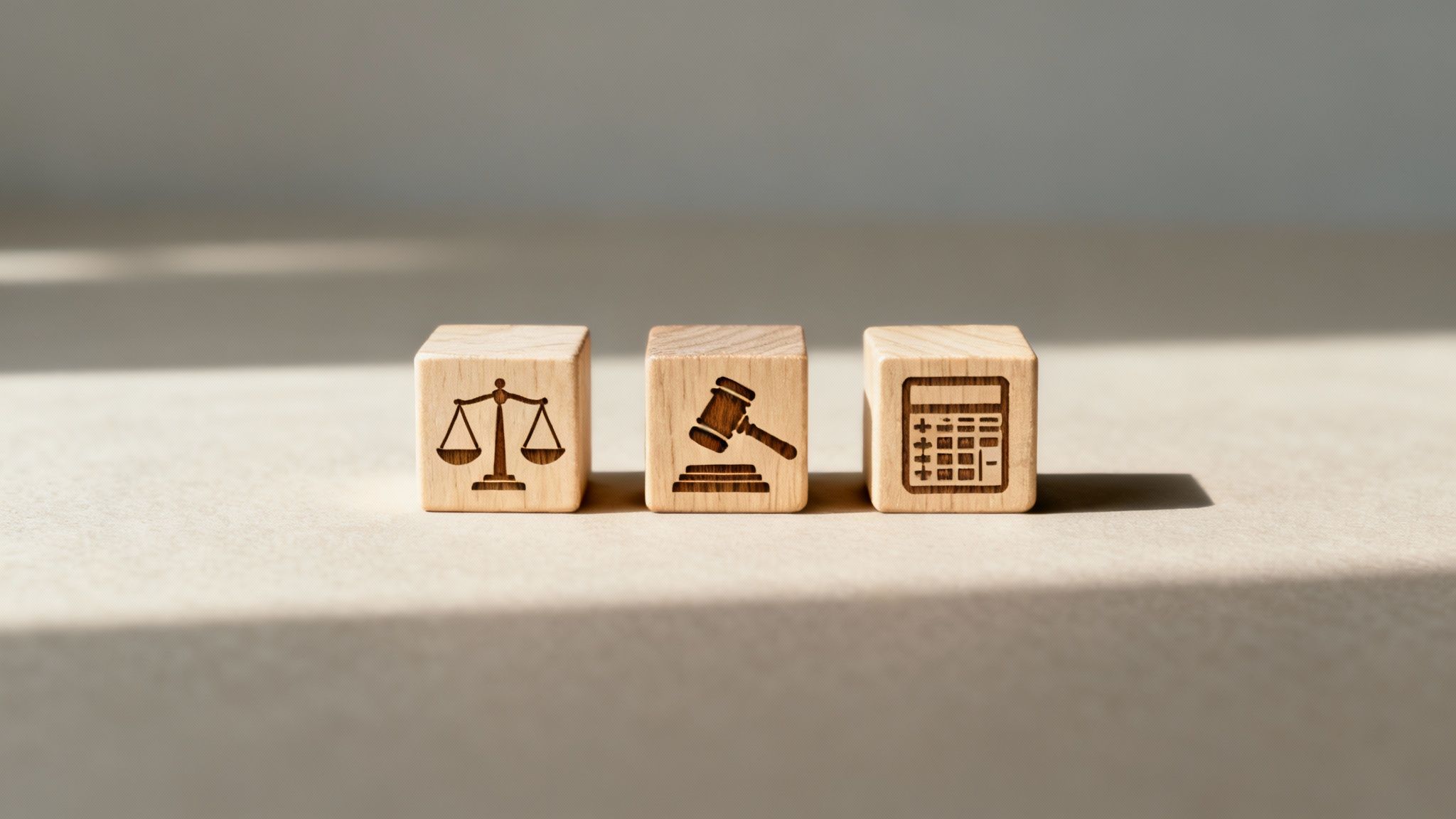 Three wooden blocks with engraved icons: scales of justice, a gavel, and a calculator.