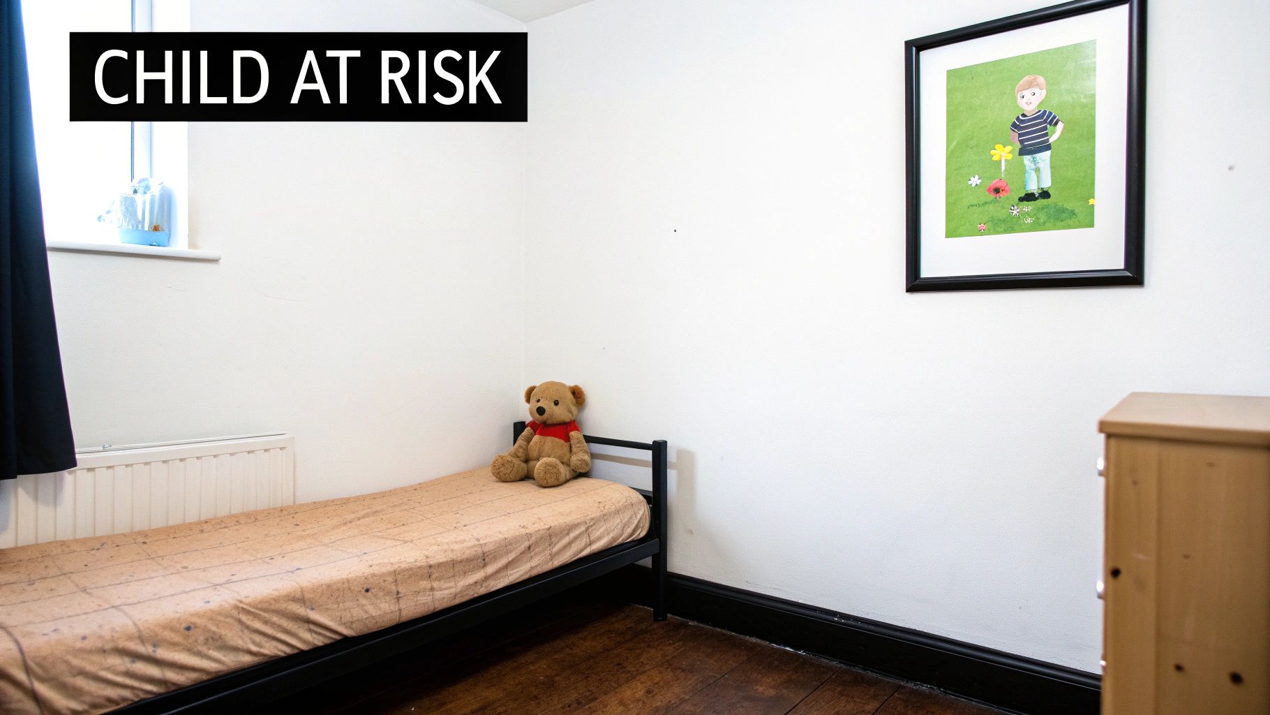 A young child looks sad while sitting on a swing set.