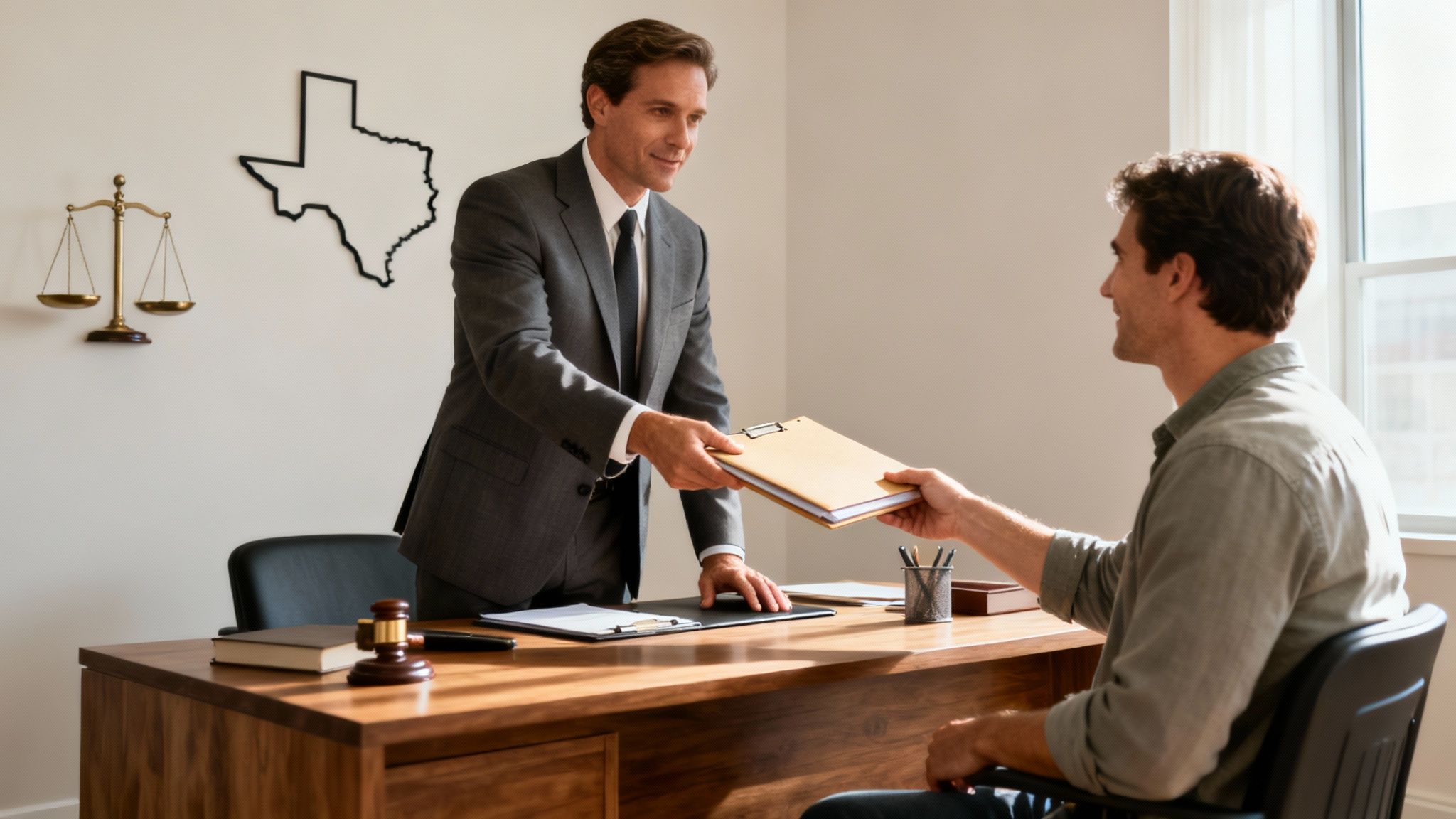 A compassionate Houston car accident attorney meeting with an injured client in a professional office setting.