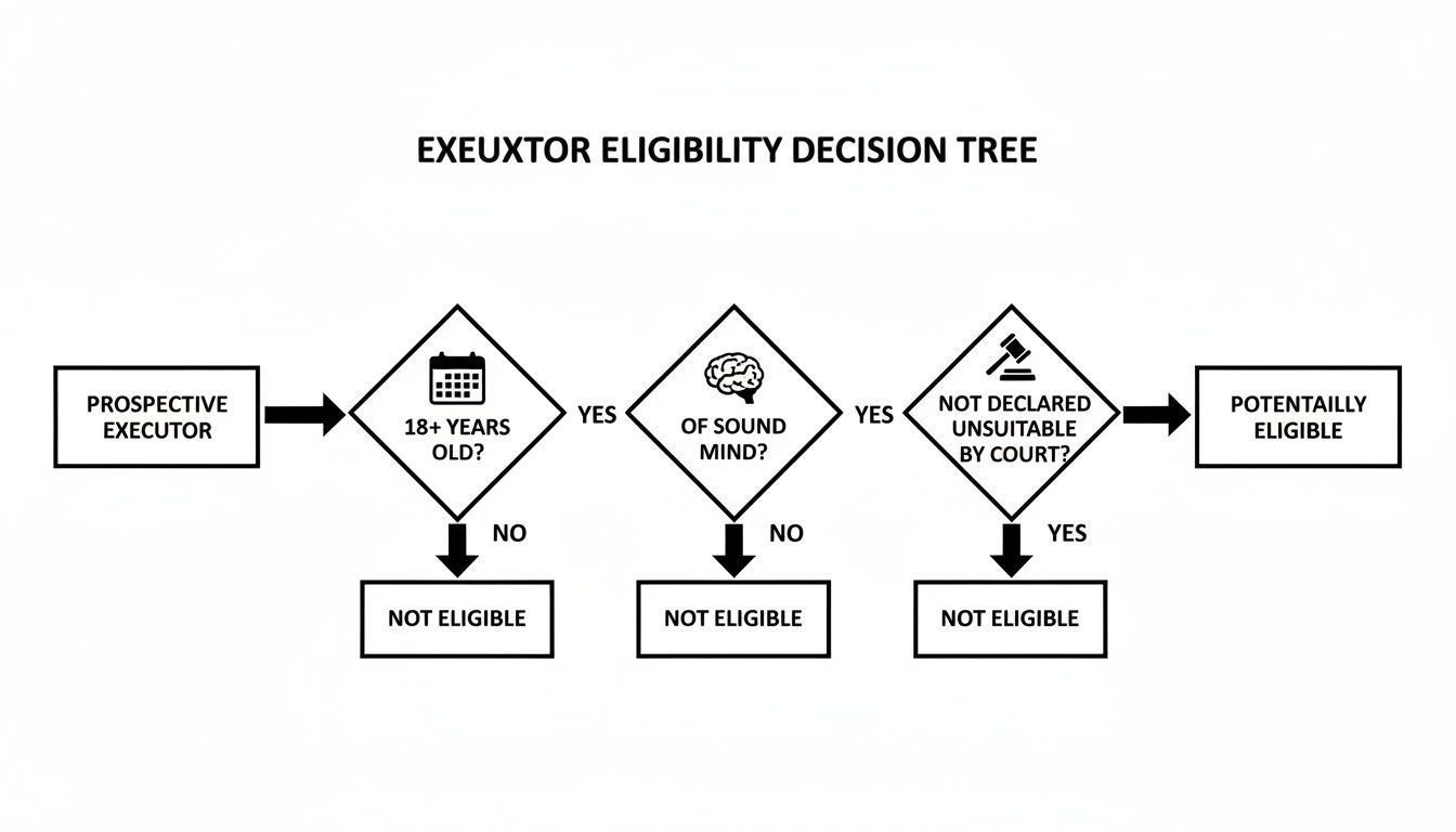 Executor eligibility decision tree outlining qualifications: age, sound mind, and court suitability for selecting an executor in Texas estate planning.