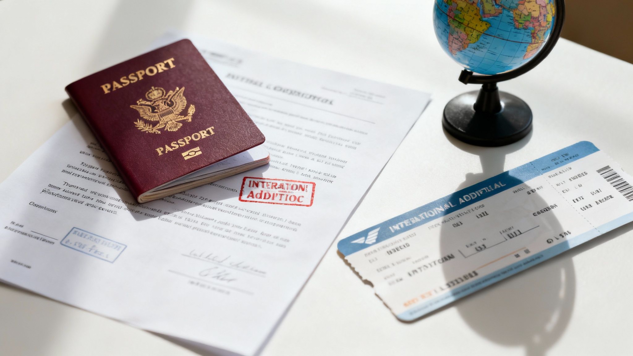 A U.S. passport, legal documents with stamps, an airplane ticket, and a globe on a white desk.