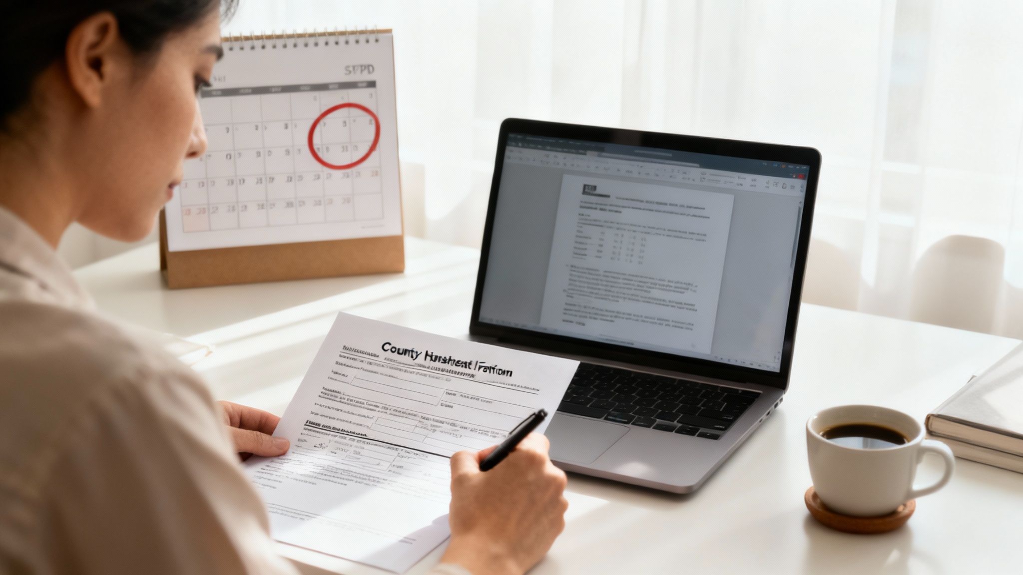 Mujer completando formulario de exención de impuestos de propiedad con calendario y laptop en escritorio
