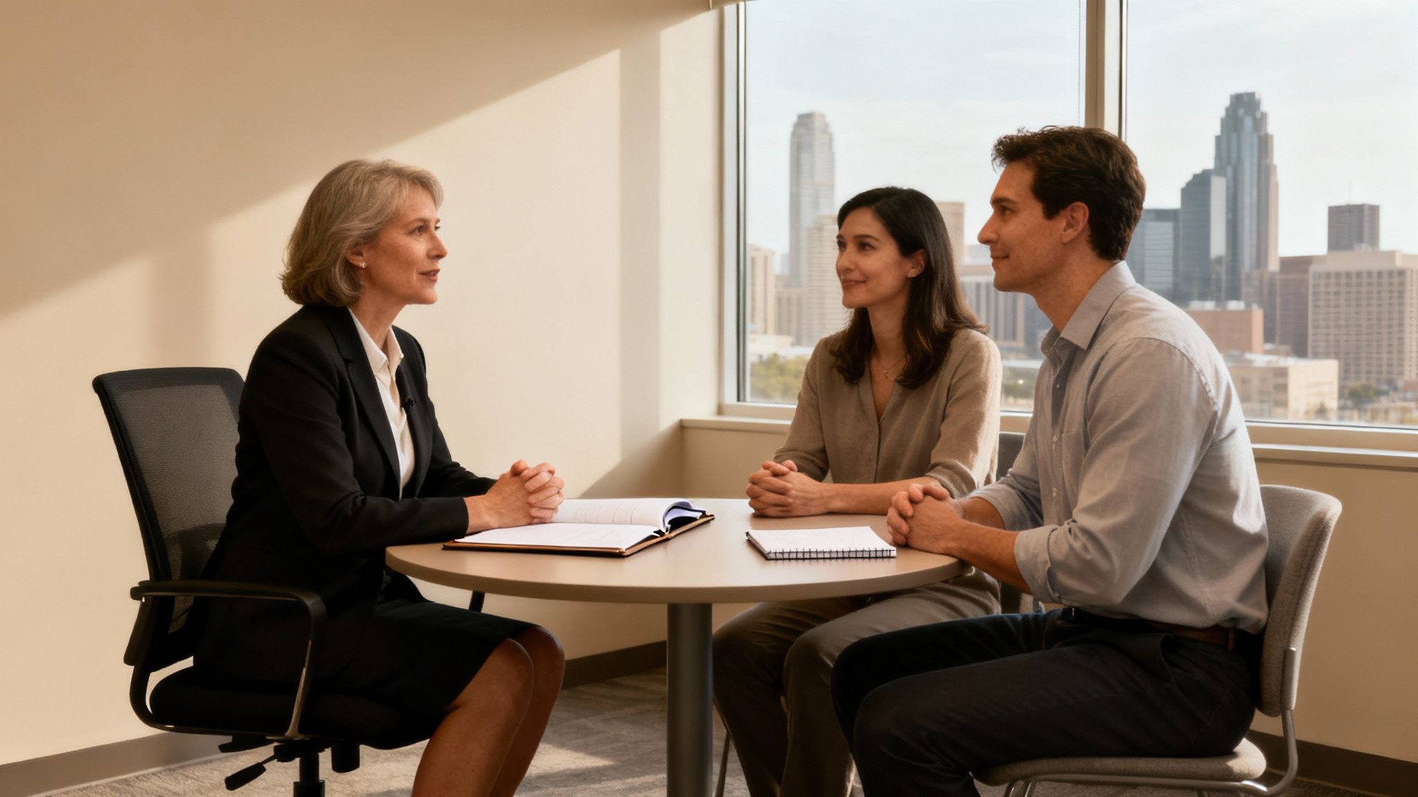 Dos personas dándose la mano en una mesa de oficina con documentos.