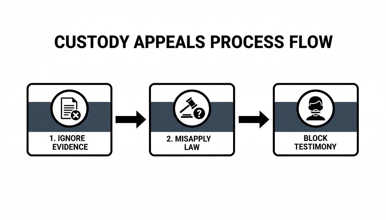 Flowchart depicting a custody appeals process showing steps to ignore evidence, misapply law, and block testimony.