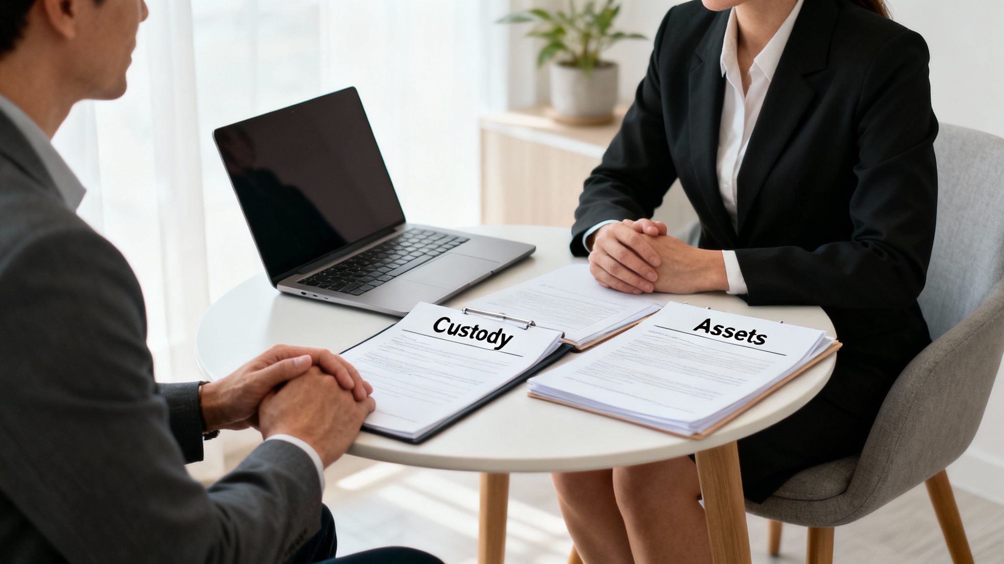 A lawyer and a client review custody and asset documents during a divorce consultation.