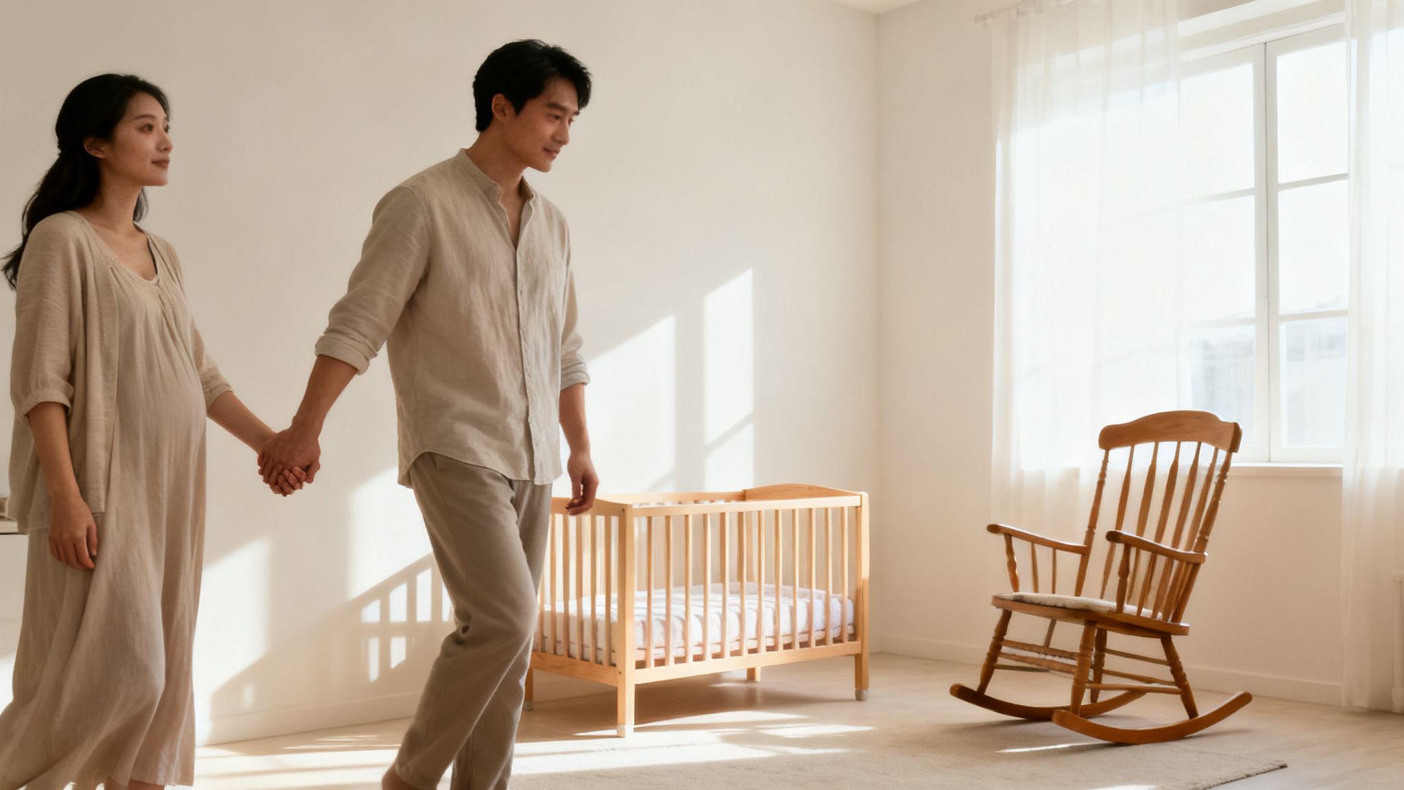 Pregnant Asian couple holding hands, walking past a baby crib and rocking chair in a bright room.