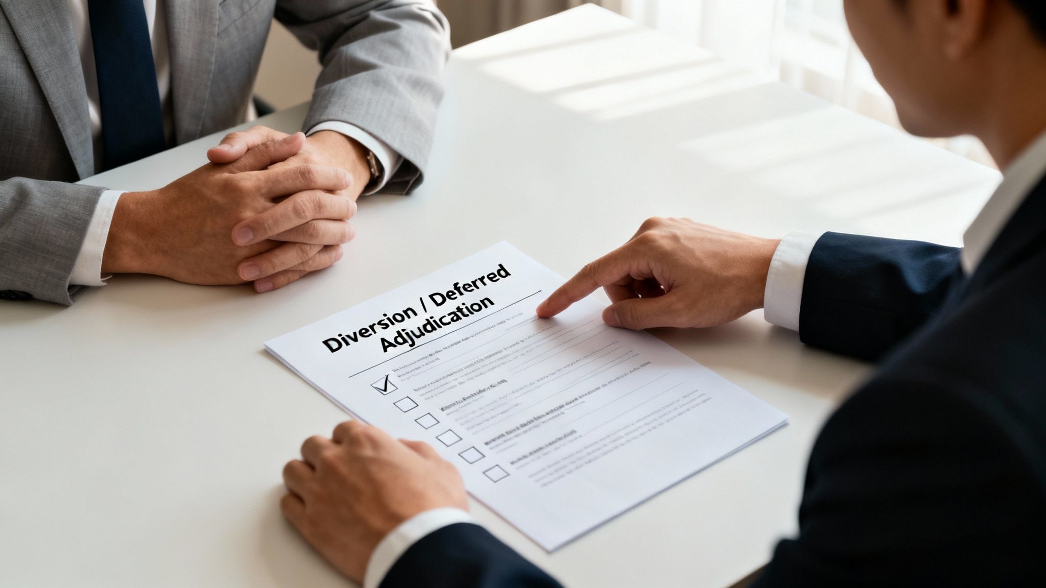 A man points at a legal document titled 'Diversion / Deferred Adjudication' during a consultation.