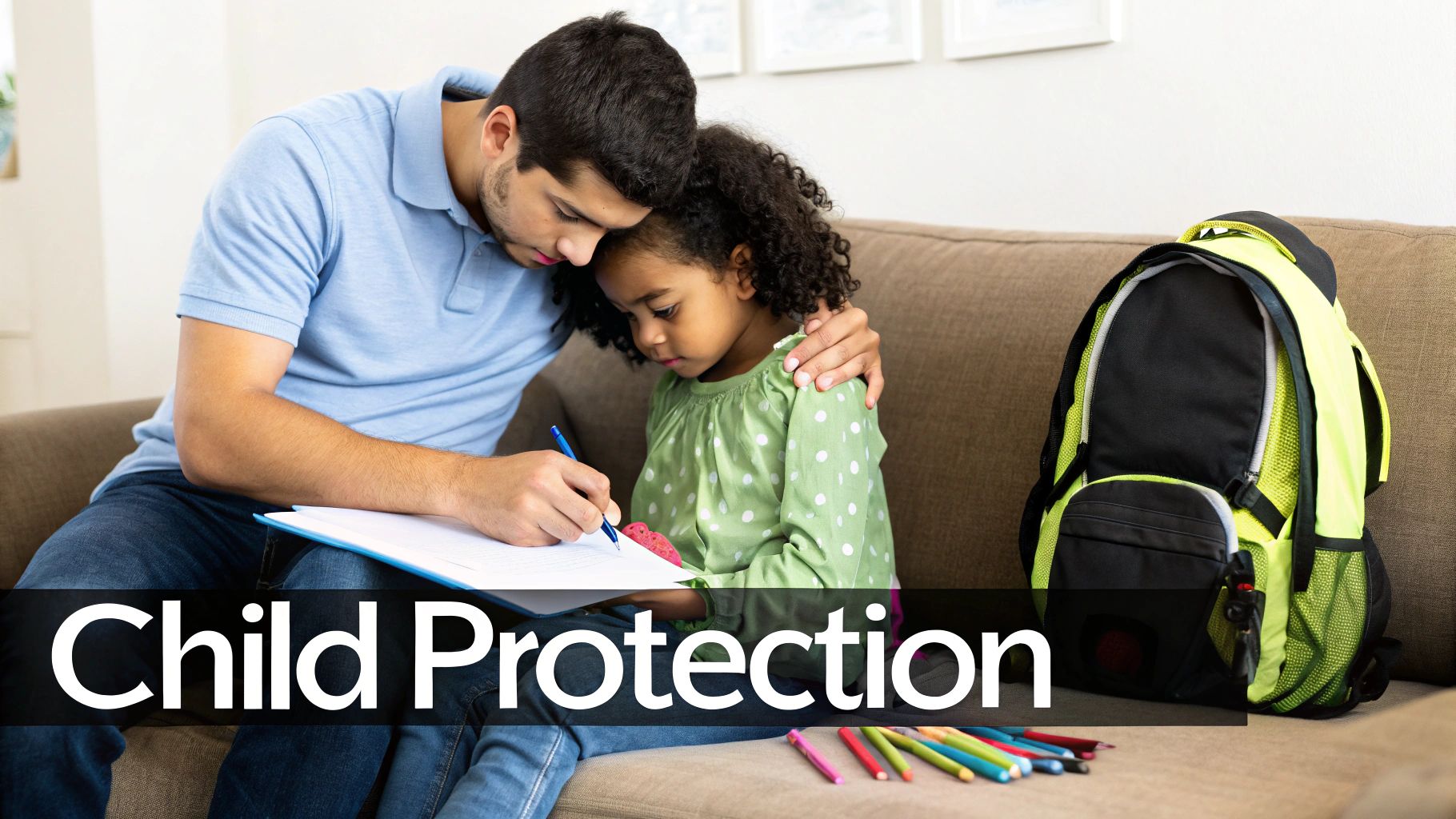 A man helps a young girl with drawing or homework on a couch, with a backpack nearby.