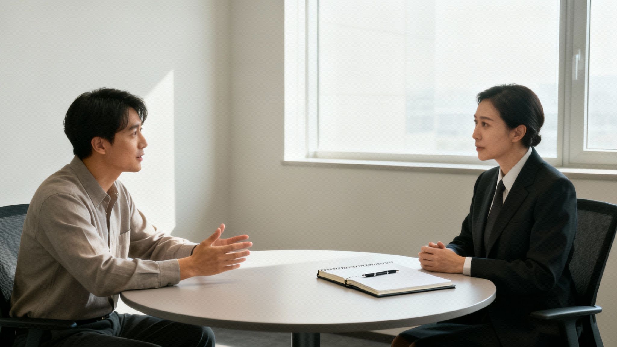 A man and a woman sitting across a table from a lawyer, engaged in a serious discussion.