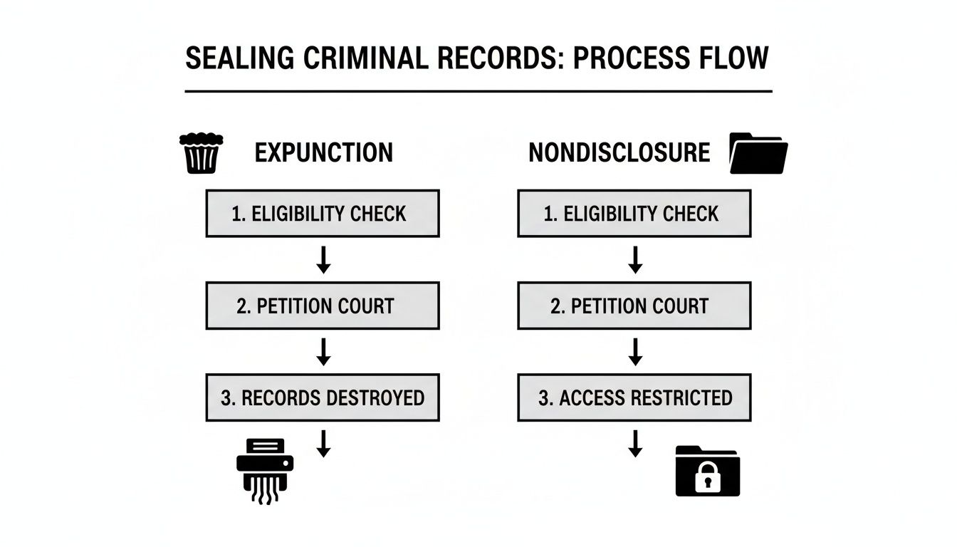 Flowchart illustrating the two processes for sealing criminal records: Expunction and Nondisclosure.