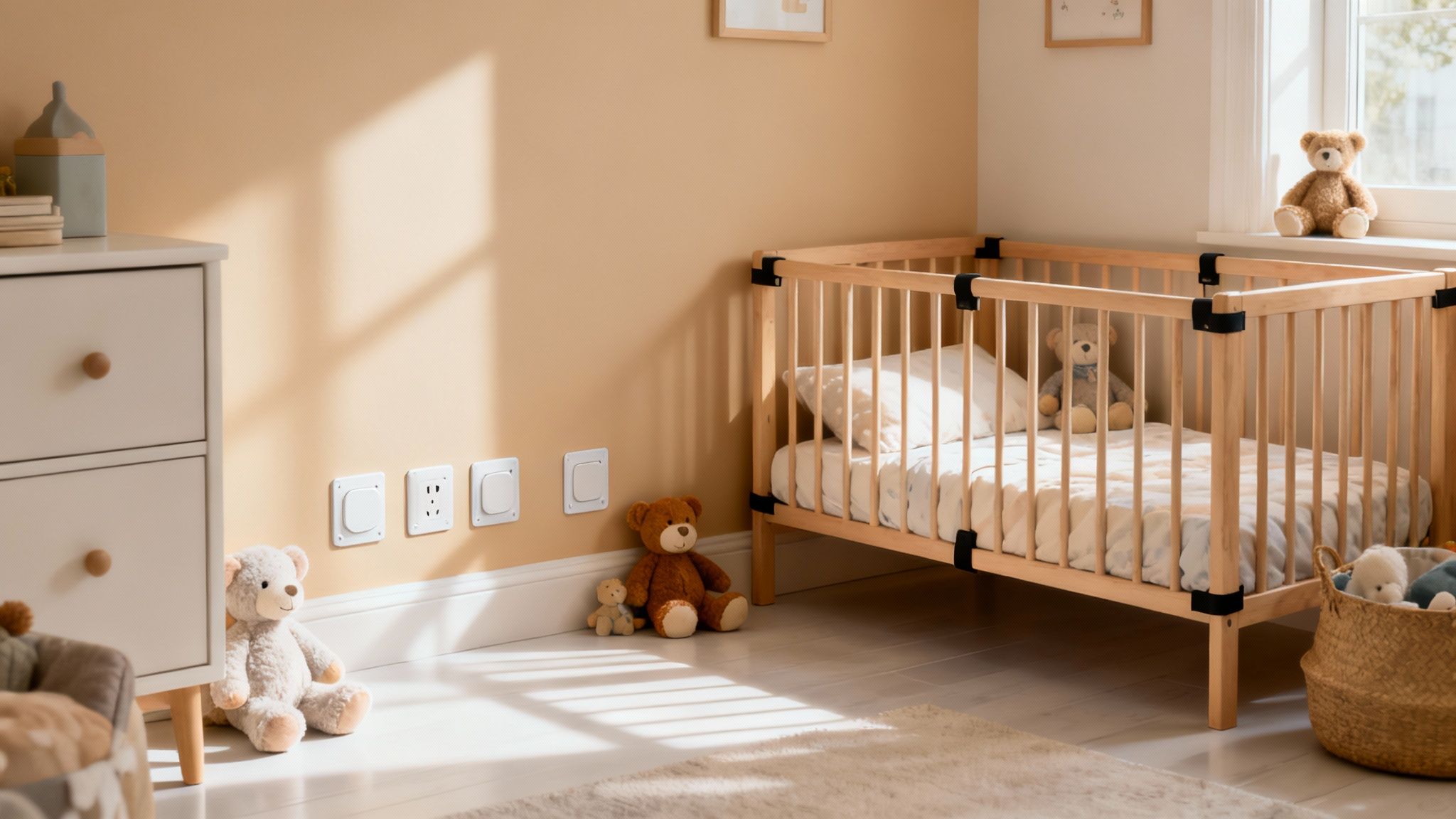 A cozy baby's room featuring a wooden crib, dresser, teddy bears, and smart home devices.
