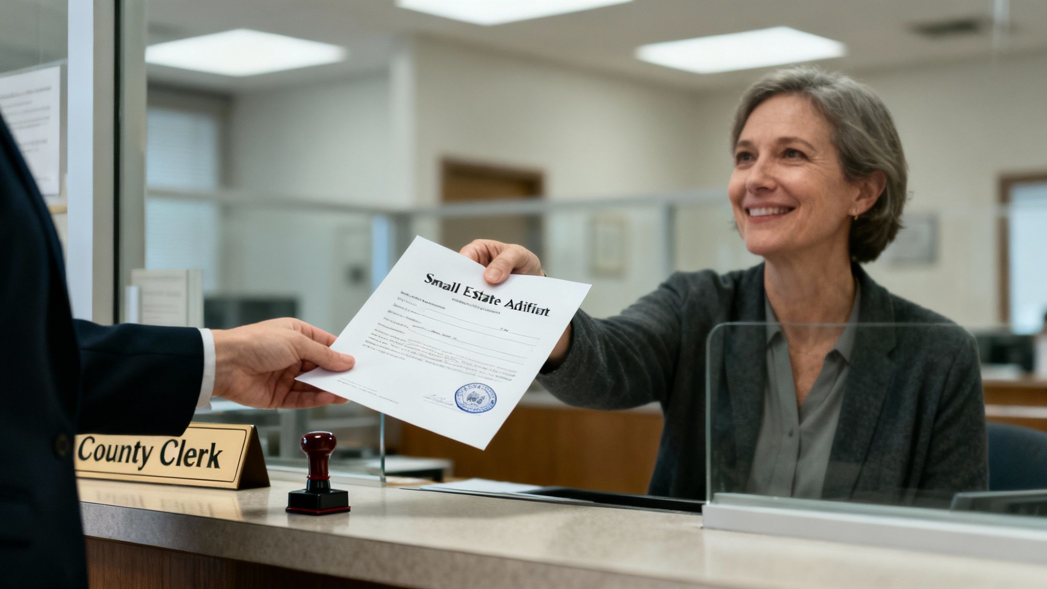 A smiling county clerk hands a 'Small Estate Affidavit' form to a person at a counter.