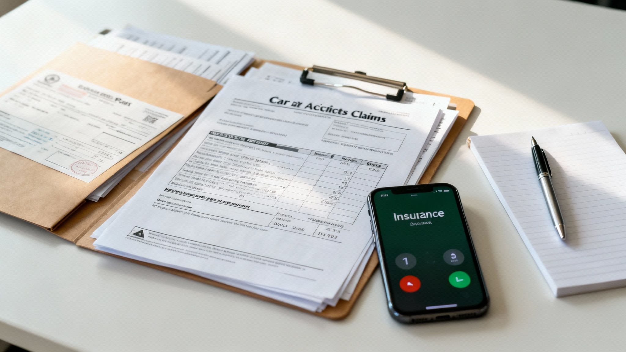 A desk with car accident claims, insurance documents, a smartphone on a call, notebook, and pen.