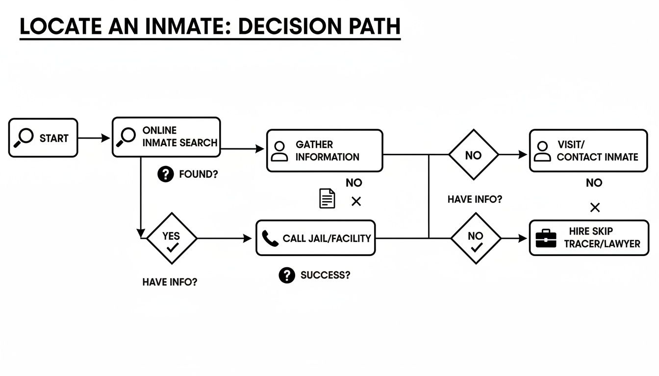 Flowchart illustrating the decision path for locating an inmate, detailing steps like online inmate search, gathering information, and contacting the jail or facility, relevant to the bail process in Harris County.