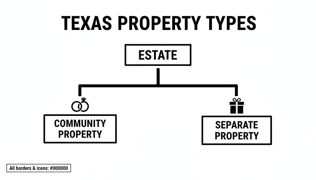 Flowchart illustrating Texas property types, showing Estate branching into Community Property and Separate Property.