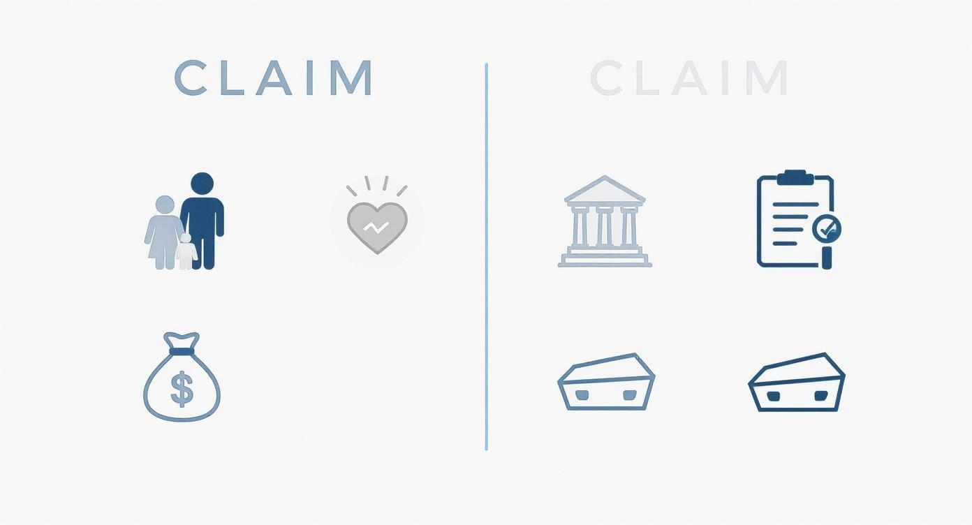 An infographic showing the two types of claims in a wrongful death case. On the left, a "Family Claim" includes icons for family, anguish, and lost wages. On the right, an "Estate Claim" includes icons for a courthouse, medical case, and funeral casket.
