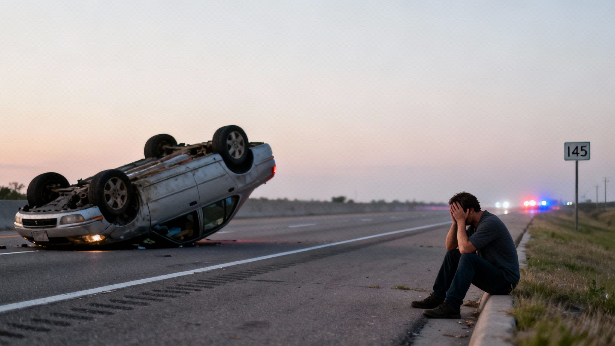 Distraught man at a car accident scene with an overturned vehicle and flashing police lights.
