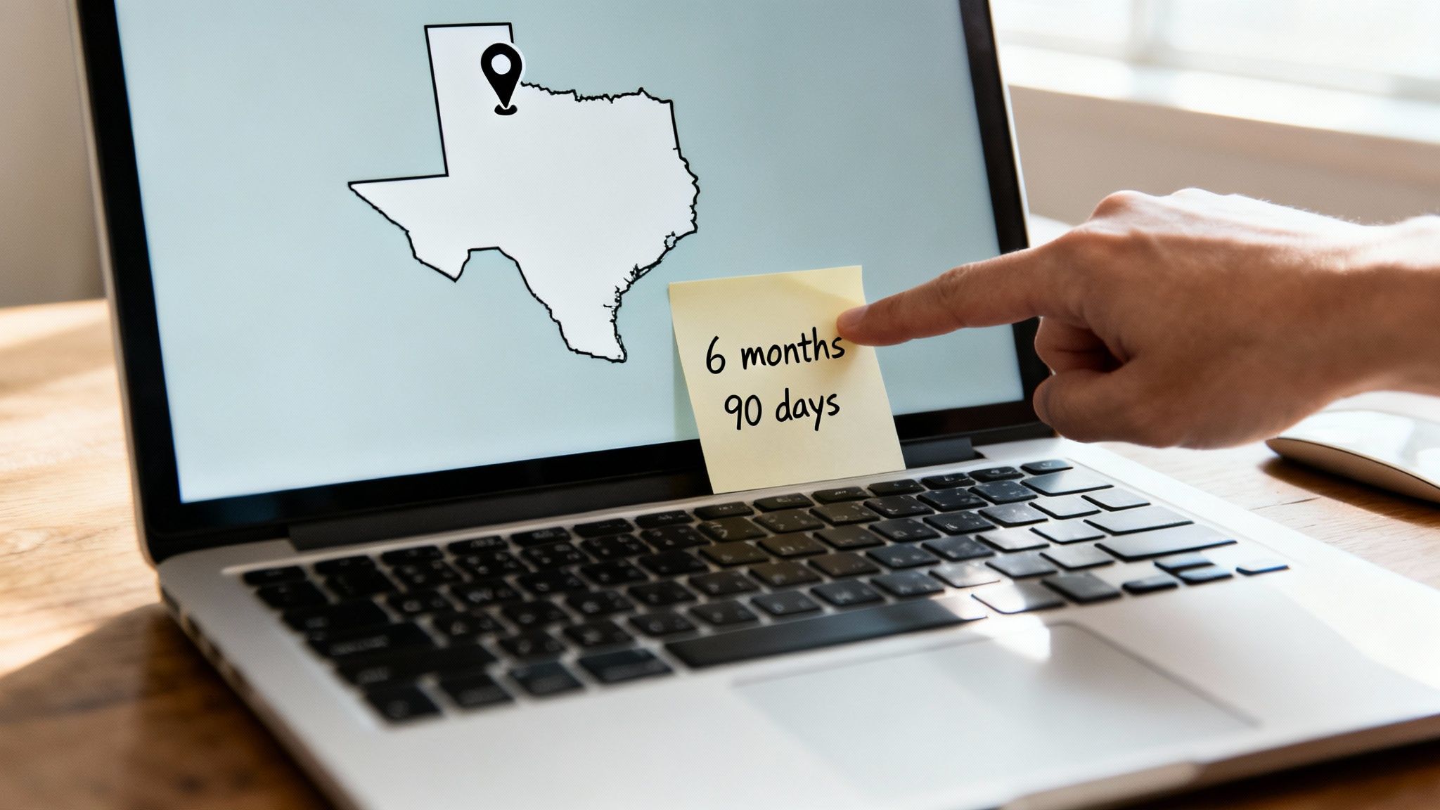 A hand points at a sticky note with "6 months 90 days" on a laptop displaying a map of Texas.