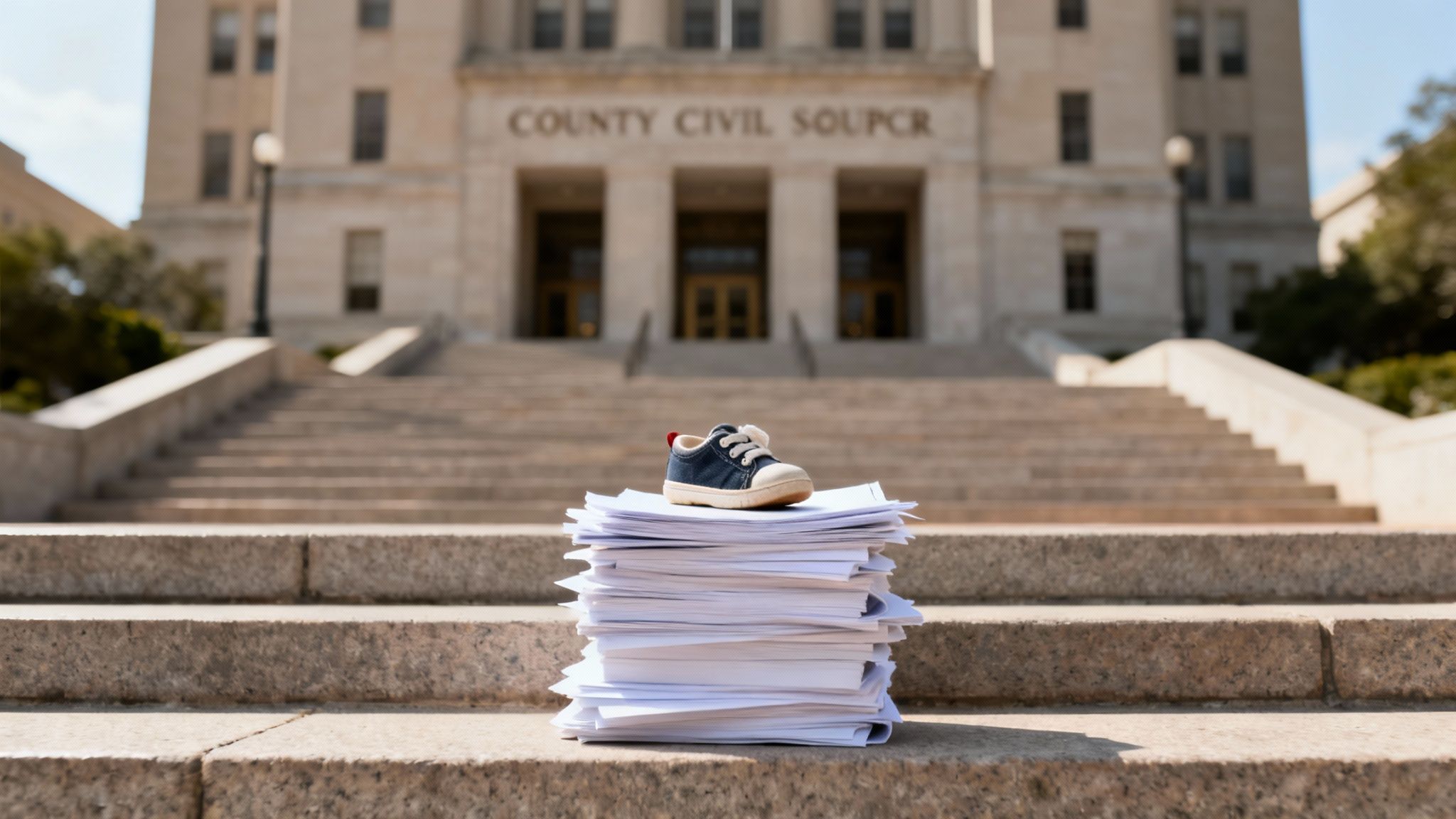 A child's blue shoe atop a stack of court papers on the steps of a civil courthouse.