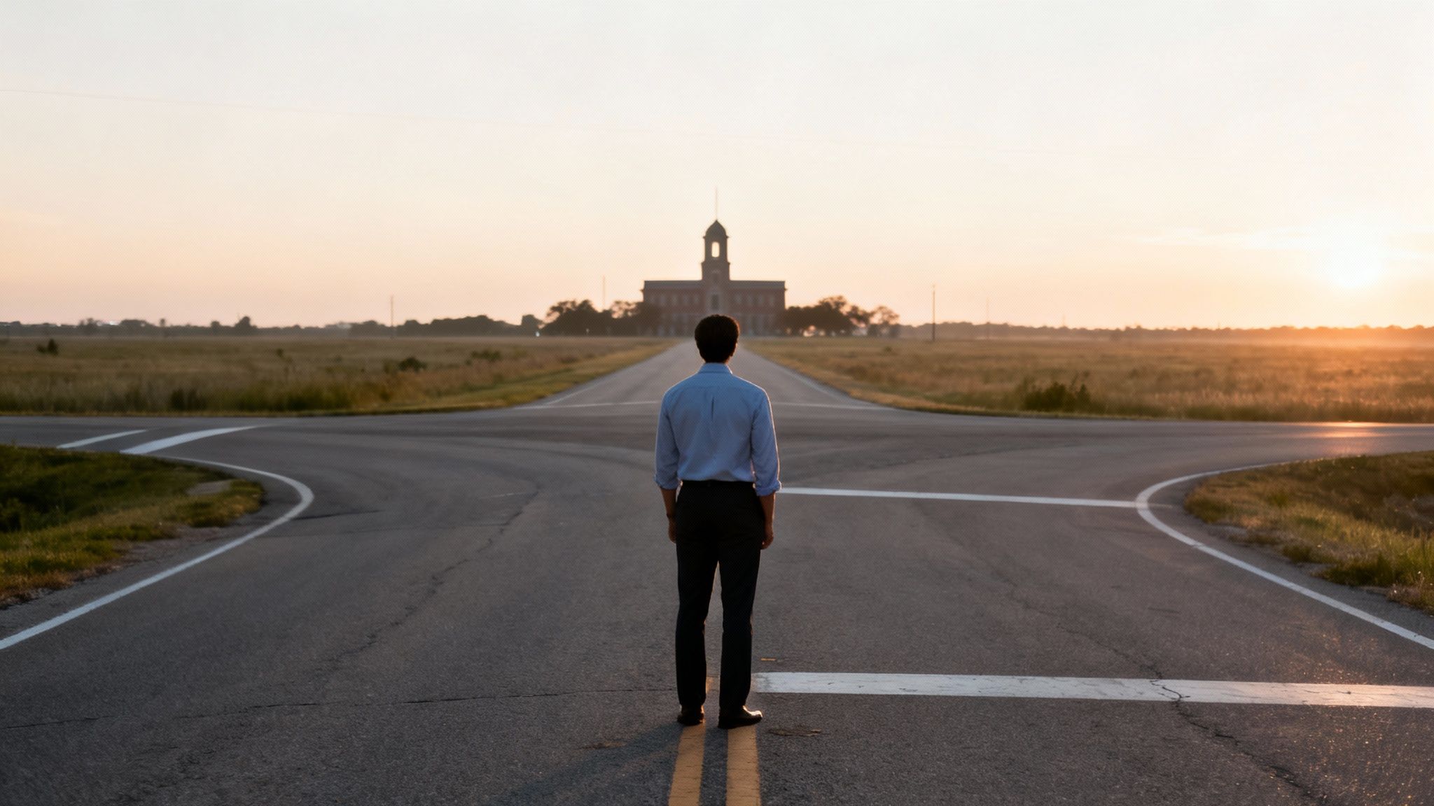 A man stands at a fork in the road, looking towards a building under a sunset sky.
