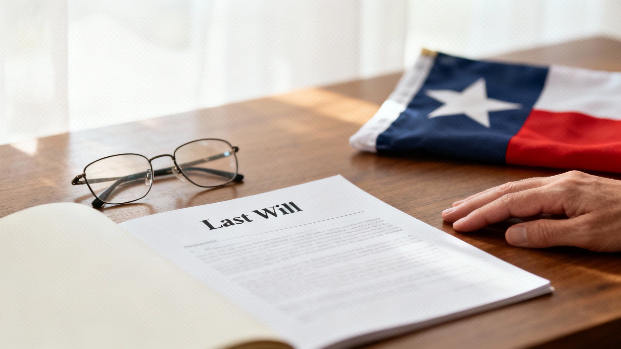 Last will document on a wooden table with reading glasses and a Texas flag, symbolizing the probate process in Texas.