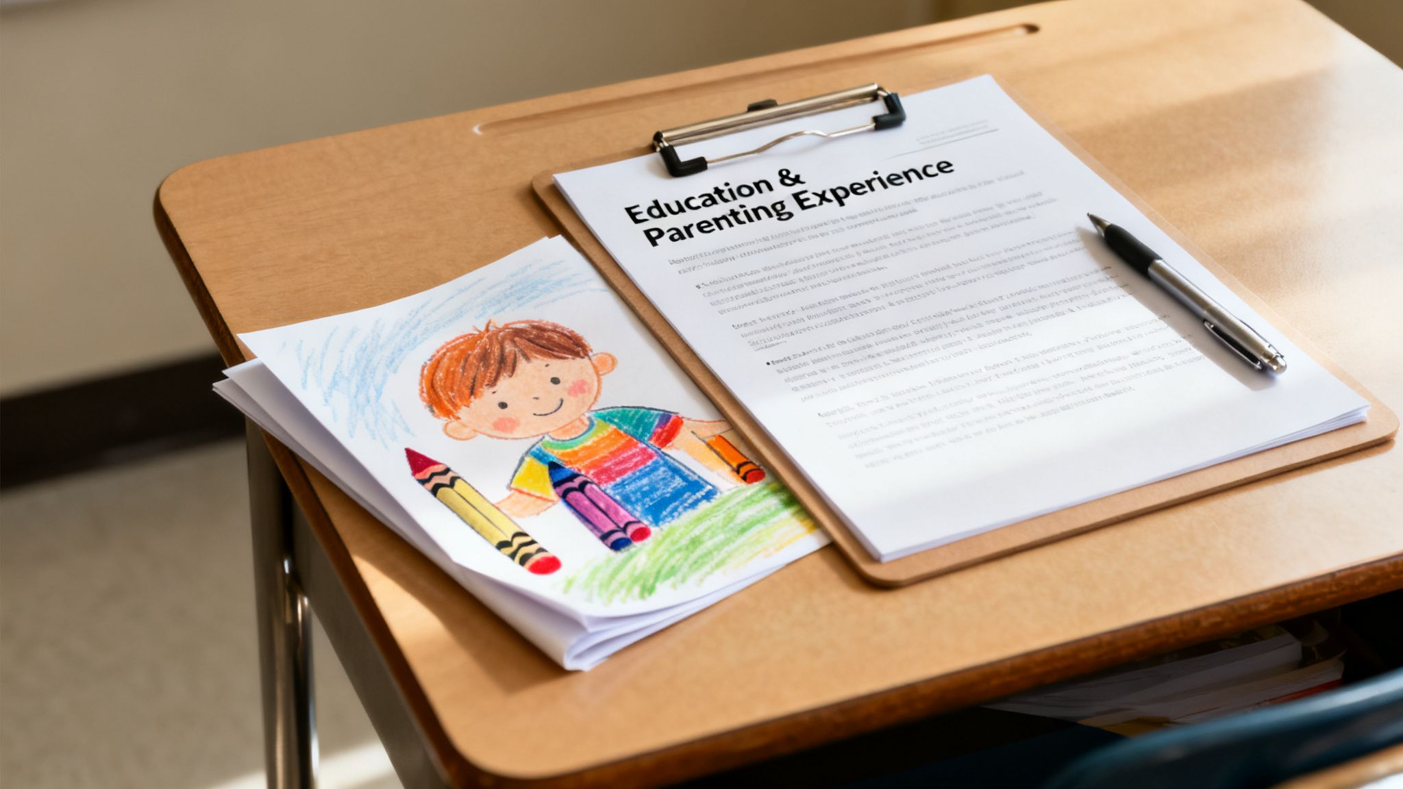 A child's drawing and an 'Education & Parenting Experience' document on a school desk.
