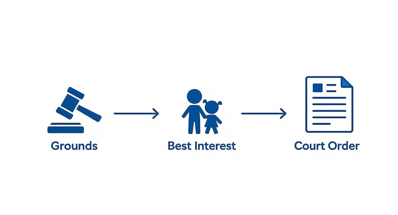 A flowchart showing the legal process: Grounds (gavel), Best Interest (adult and child), leading to a Court Order (document).