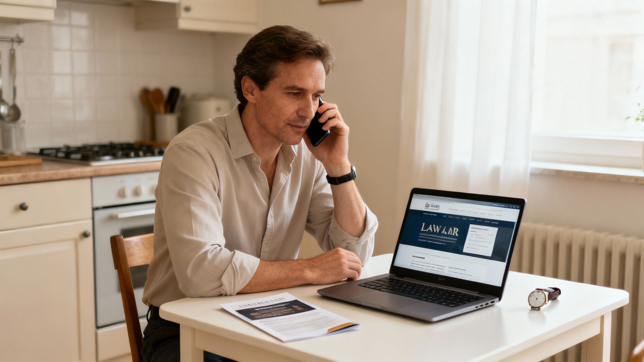 Man on phone consulting about legal rights, laptop displaying law firm website, documents on table, kitchen setting, focus on DWI defense.