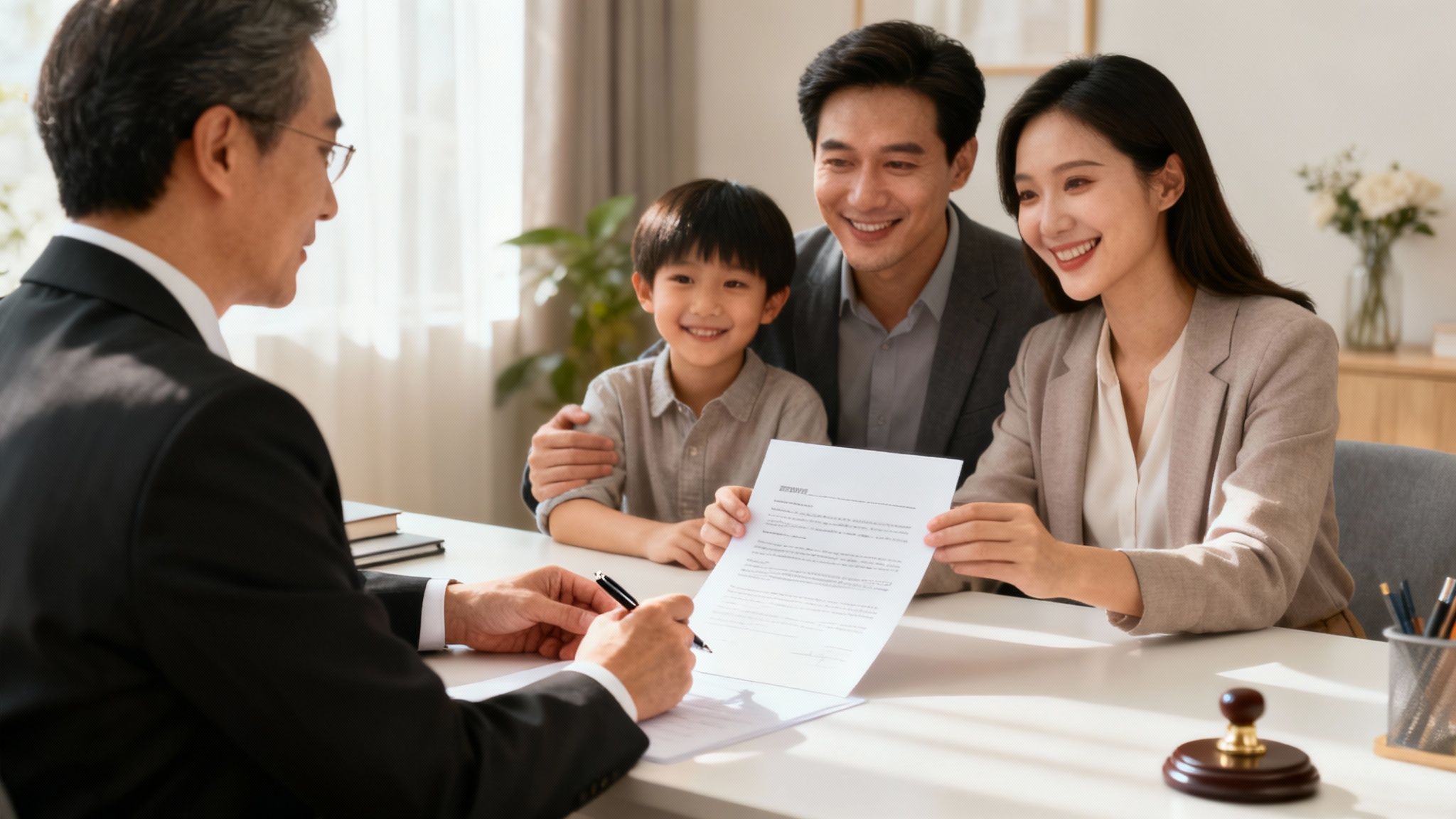 Family meeting with lawyer, reviewing prenuptial agreement, emphasizing collaboration and legal guidance for couples in Kingwood, Texas.