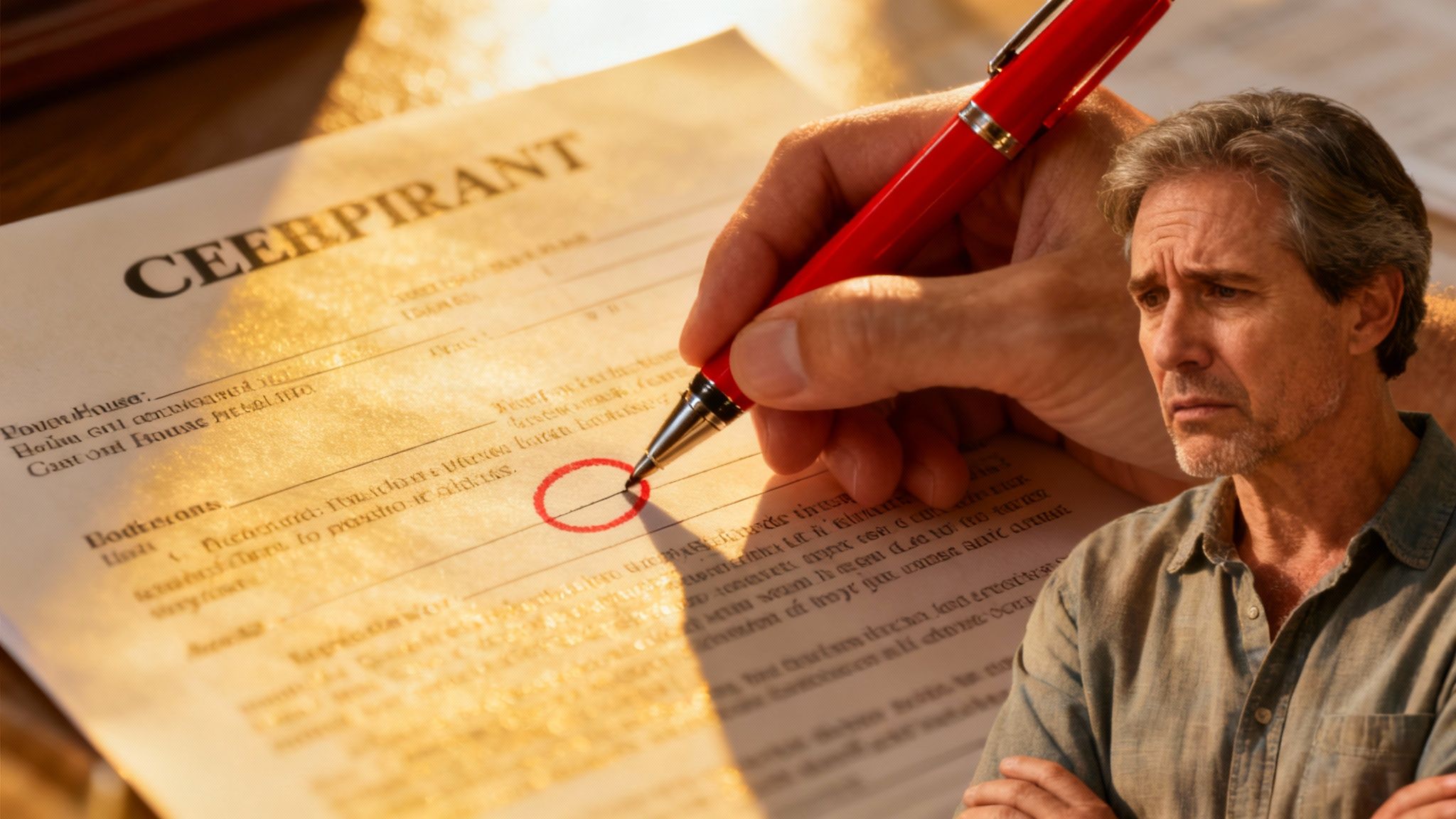 A person looking stressed while reviewing legal documents.
